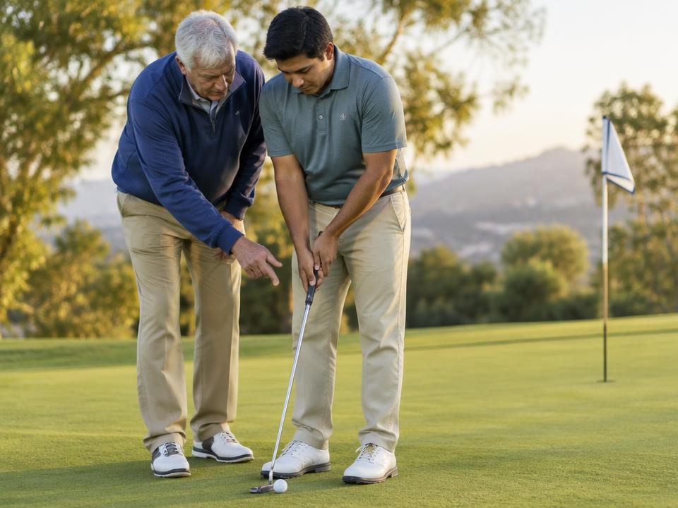 An older golfer coaches a younger man on his putting stroke