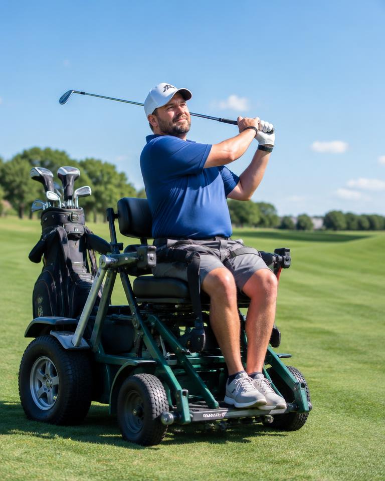 A golfer using an adaptive golf cart finishes his swing on the fairway